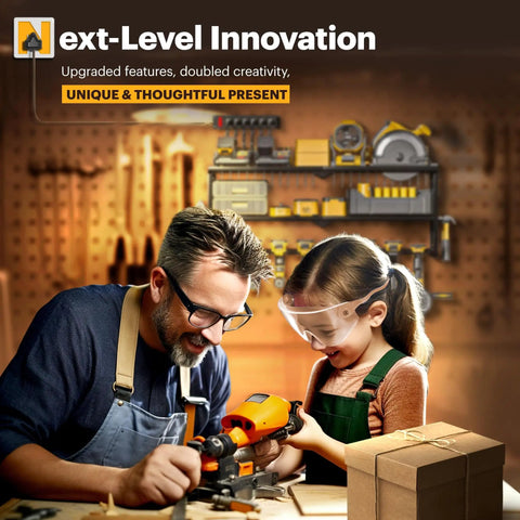 Father and daughter using tools with a Power Tool Organizer Wall Mount With Charging Station, 7 Slot Drill Hanger, Battery Holder And 4 Outlet Power Strip, Heavy Duty Garage Storage Rack For Cordless Tools, 3 Layer Large Capacity in the background