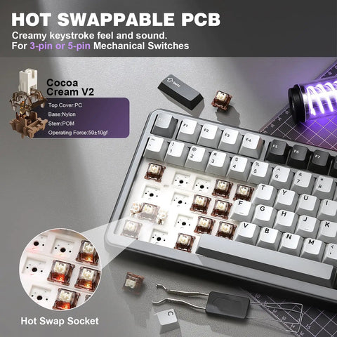 Hot swappable PCB for Kickass 75 Percent Tri Mode Wireless Mechanical Keyboard With Hot Swap Keys And Large 4000 Mah Battery.