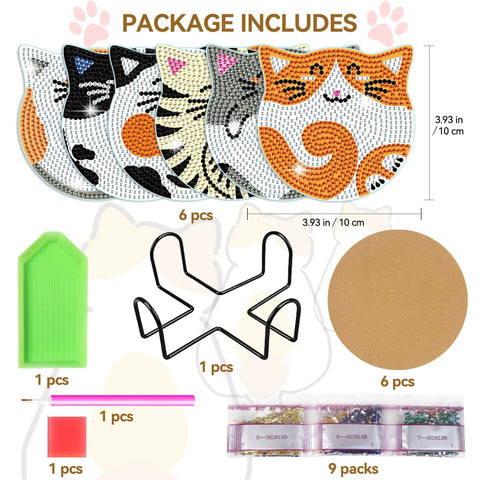 Cat Diamond Painting Coaster Kit Set With Holder Dope 6 Piece Diamond Art Coasters DIY Crafts For Adults Includes Diamond Pen Tray Glue And Extra Diamonds package contents