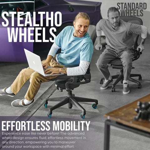 Heavy Duty Office Chair Wheels Set Of 5 Rollerblade Casters 3 Inch thick, showcasing mobility on a smooth floor with a seated user.