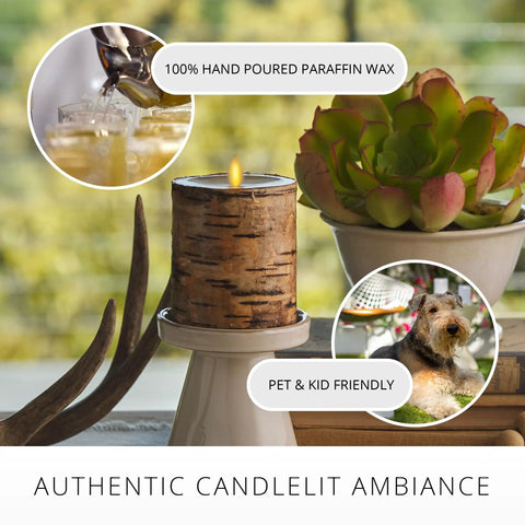Flameless Birch Bark Wrapped Pillar Candle With Moving Flame LED Lights, size 3.25 by 8.5 inch, on decorative stand