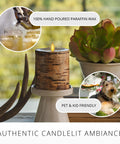 Birch Bark Wrapped Flameless Pillar Candle With Real Moving Flame LED, Battery Operated, on white stand, succulent beside