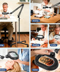 Collage showing 12x Large Floor Magnifying Glass With Light And Stand For Up Close Work Reading Crafts Sewing And Hobbies