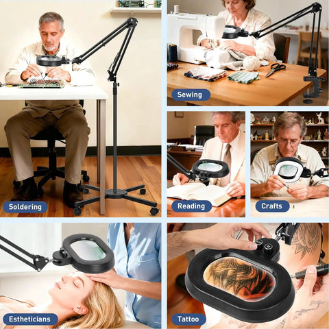 Collage showing 12x Large Floor Magnifying Glass With Light And Stand For Up Close Work Reading Crafts Sewing And Hobbies