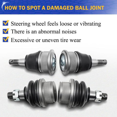 Zinc Nickel Alloy Front Upper And Lower Ball Joints Kit For Chevy Silverado 1500 Suburban 1500 Tahoe Avalanche Express 1500 Escalade 4WD AWD OE Replacement K6540 K6541 showing damaged ball joint symptoms