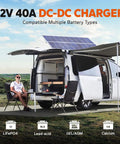RV setup with solar panel and 12V 40A DC-DC Battery Charger With MPPT Solar Controller Dual Input Smart Charger visible for camping use.