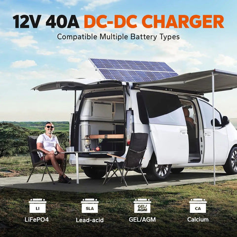 RV setup with solar panel and 12V 40A DC-DC Battery Charger With MPPT Solar Controller Dual Input Smart Charger visible for camping use.