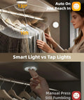 4 Pack Motion Sensor Closet Lights USB C Rechargeable Puck Lights For Under Cabinet And Stairs in a closet illuminated area