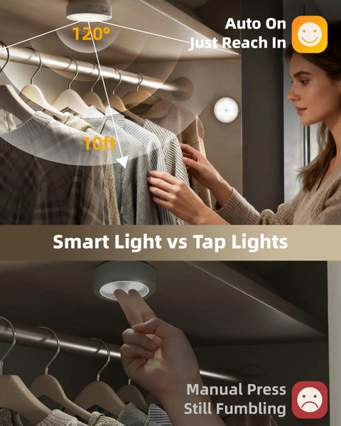 4 Pack Motion Sensor Closet Lights USB C Rechargeable Puck Lights For Under Cabinet And Stairs in a closet illuminated area