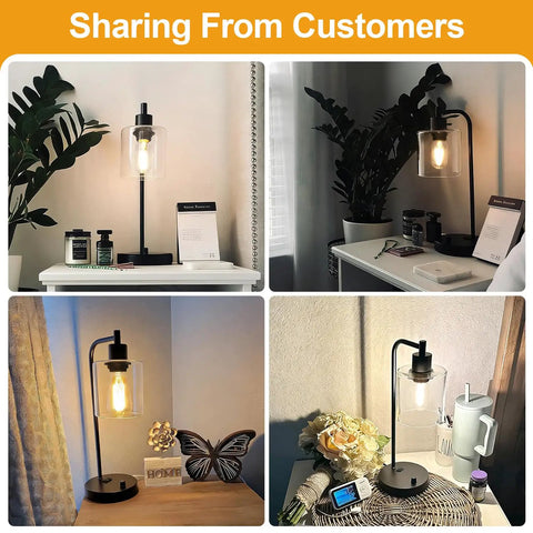 Set Of 2 Industrial Table Lamps With USB C And USB A Ports And Outlet in bedroom and living room settings, glass shade, dimmable.