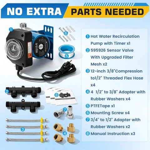 Instant Hot Water Delivery Recirculation Pump Replacement Kit With Durable Brass Valves And Quick Connect Lines For Faster Shower Flow and Zero Hassle DIY Installation components arranged for easy view.