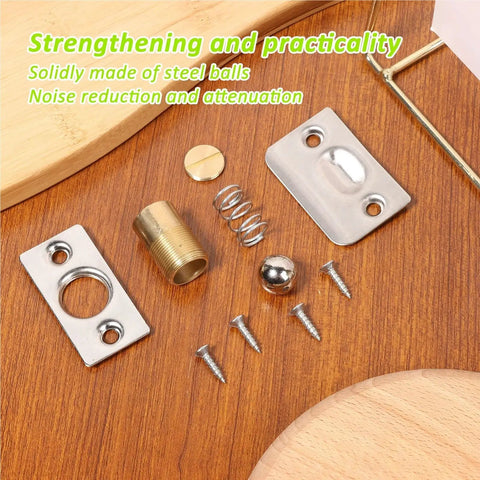 Eight Sets Stainless Steel Ball Catch With Adjustable Hidden Door Latch components on wooden background