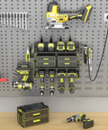 Wall Mounted Drill Storage Rack With Charging Station And Drill Holder, Power Tool Organizer For Garage And Workshop, Holds 4 Drills, 8 Outlet Power Strip, Drill Bit Organizer, Green Three Layer installed on grey wall panel.