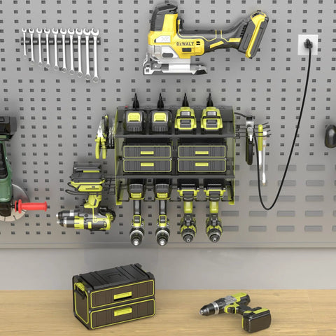 Wall Mounted Drill Storage Rack With Charging Station And Drill Holder, Power Tool Organizer For Garage And Workshop, Holds 4 Drills, 8 Outlet Power Strip, Drill Bit Organizer, Green Three Layer installed on grey wall panel.
