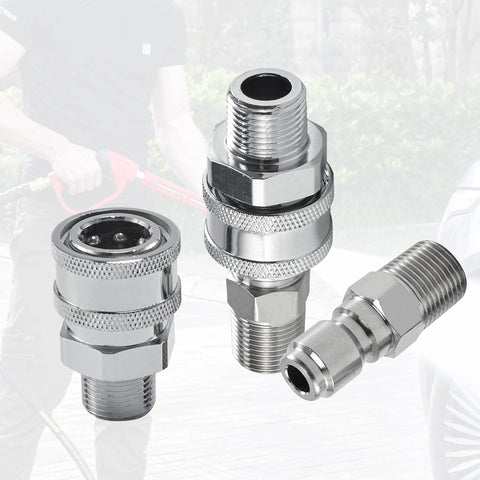 Front view of four-piece chrome pressure washer quick-connect adapters with 3/8-inch male threads.