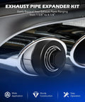 Installed view of exhaust pipe expander kit on car tailpipe; round black housing with inner bearing ring.
