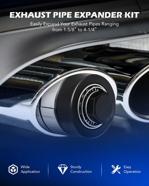 Installed view of exhaust pipe expander kit on car tailpipe; round black housing with inner bearing ring.