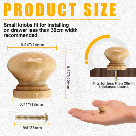 Diagram showing Eight Pcs Natural Wood Dresser Knobs Round Mushroom Cabinet Knobs For Drawers And Cupboards One Inch Diameter