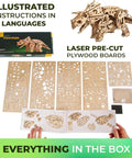 Triceratops 3D Puzzle Wood Model Kit For Adults Mind Bending Dino Automaton Builder Dinosaur Figure Hobby Set 5.6 Inch Tall Engaging Brain Teaser Craft Project, laser-cut plywood boards and instructions