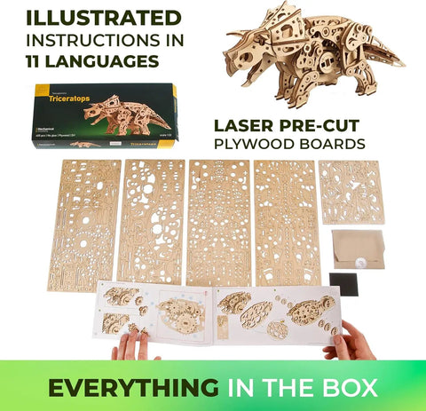 Triceratops 3D Puzzle Wood Model Kit For Adults Mind Bending Dino Automaton Builder Dinosaur Figure Hobby Set 5.6 Inch Tall Engaging Brain Teaser Craft Project, laser-cut plywood boards and instructions