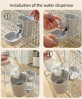 Installation steps of Automatic Gravity Food Feeder And Water Dispenser Combo Featuring 40 Oz Grain Bin and 17 Oz Leakproof Sipper Bottle in grey.