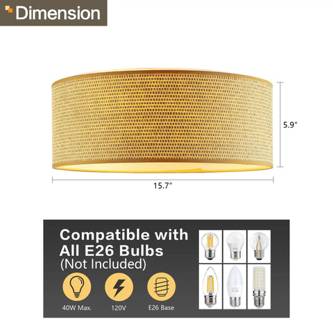 Modern 3 Light Flush Mount Ceiling Light With Fabric And Acrylic Double Drum Shade In Flaxen dimensions and bulb compatibility