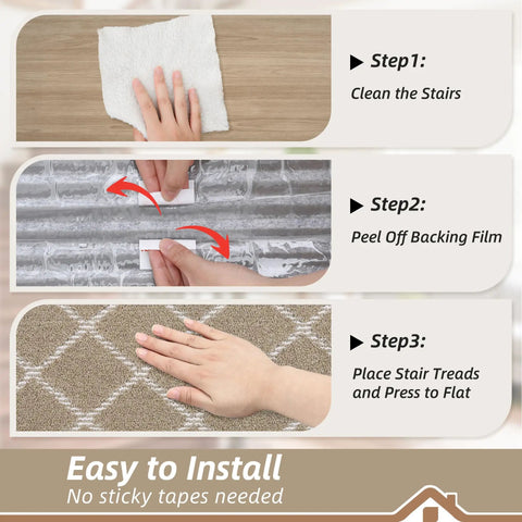 Instructional steps for installing Non Slip Stair Treads For Wooden Steps 28x9In Beige Soft Polyester Carpet With Self Adhesive Backing 15 Pack