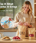 Woman sealing 100 Pcs Kraft Stand Up Pouches with Matte Window Resealable Zipper Bags, snacks visible inside