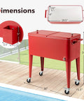 80 Quart Rolling Ice Chest Cooler On Wheels with Bottle Opener, Cap Catcher, Bottom Storage, Red, beside pool