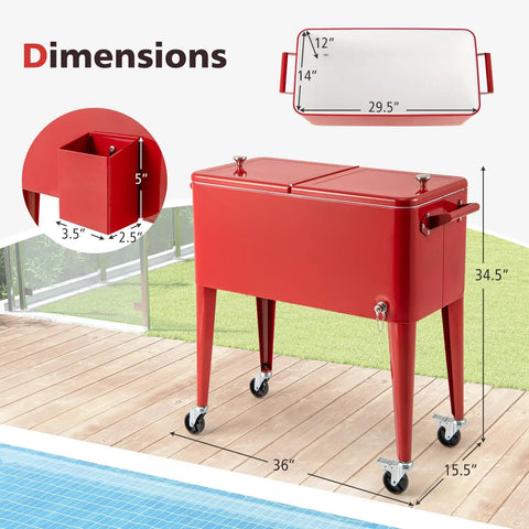80 Quart Rolling Ice Chest Cooler On Wheels with Bottle Opener, Cap Catcher, Bottom Storage, Red, beside pool