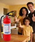 Family smiling and giving thumbs up next to Four Pack ABC Dry Chemical Fire Extinguishers Five Pound All In One Safety Kit.