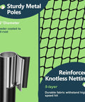 Close-up of Backyard Golf Practice Net 10x7ft with Auto Ball Return featuring sturdy metal poles and reinforced knotless netting.