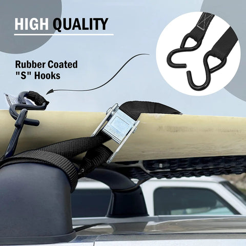 Cambuckle Tie Down Straps 1 Inch By 10 Feet Red 900 Pound Break Strength 8 Pack holding surfboard to vehicle roof with metal cambuckles