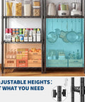 Heavy Duty Six Tier Metal Wire Shelving Rack With Rust Resistant Carbon Steel Frame showcasing adjustable heights and organized food storage.