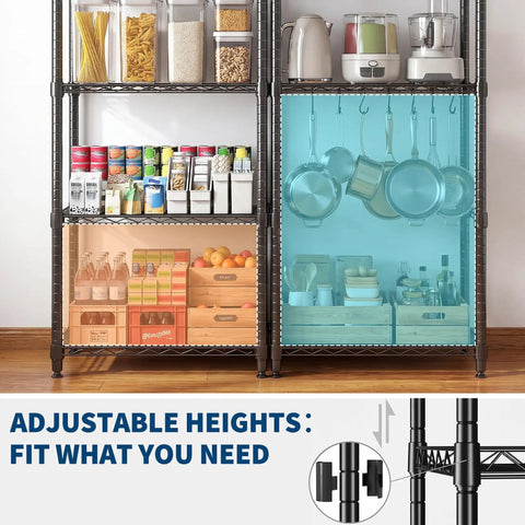 Heavy Duty Six Tier Metal Wire Shelving Rack With Rust Resistant Carbon Steel Frame showcasing adjustable heights and organized food storage.