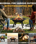 Heavy Duty Round Steel Wood Burning Fire Pit For Backyard And Patio Or Camping Bonfires 28 Inch Black Finish With Mesh Spark Screen And Hook Stable Wobble Free Frame, people enjoying a campfire outdoors.