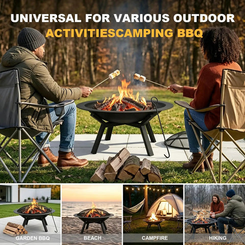Heavy Duty Round Steel Wood Burning Fire Pit For Backyard And Patio Or Camping Bonfires 28 Inch Black Finish With Mesh Spark Screen And Hook Stable Wobble Free Frame, people enjoying a campfire outdoors.