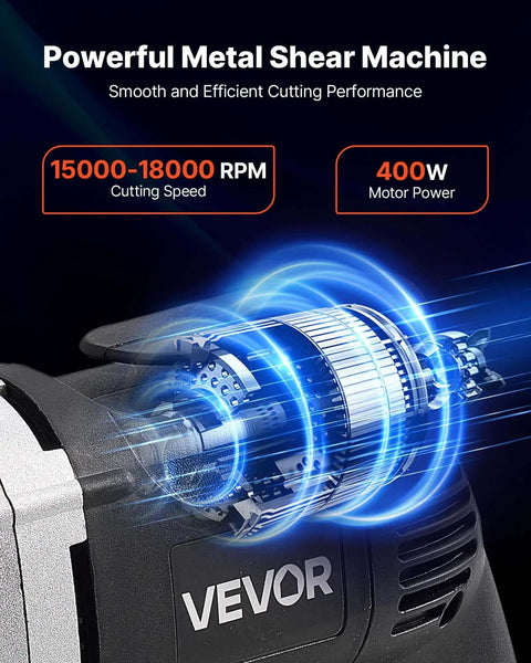 Electric Metal Shear With 360 Degree Swivel Head, 4.0 Amp Corded Sheet Metal Cutter showcasing motor power and speed