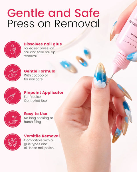 Hand using Jojoba Oil Nail Glue Remover For Press On Nails Acetone Free Gentle No Drama Removal showing ease of use with applicator