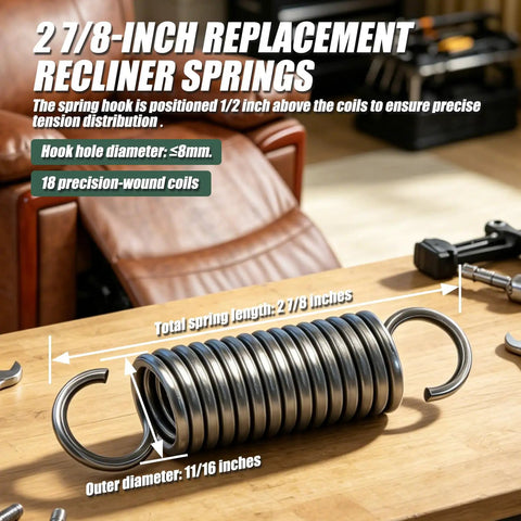 Sturdy Two Pack Recliner Tension Springs Precisely 2 7/8 Inches Long With 18 Tight Coil Windings For Hassle Free Furniture Fix And Slick Operation On Lane Sofas on a table.