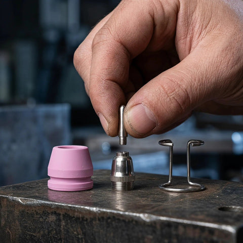 Hand holding nozzle tip above Plasma Torch Consumables One Set With Nozzle Tip And Electrodes For Pro Grade Precision Cutting And Welding Accessories Durable Replacement Parts For Air Plasma Cutter