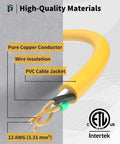 Cutaway view of Heavy Duty 25 Ft Outdoor Extension Cord With Three Outlets Waterproof 12 Gauge 3 Prong SJTW Cable Lighted End 15 Amp 1875 Watt ETL Listed Go To Garage Garden And Home Durable Rugged Yard Power Cord Yellow showing copper conductor, wire insulation, and PVC jacket