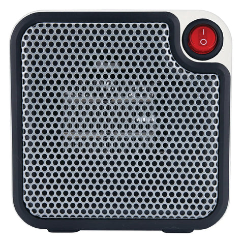 Front view of Desk-Friendly 250W Personal Space Heater For Desks And Small Rooms with mesh front and red power button.