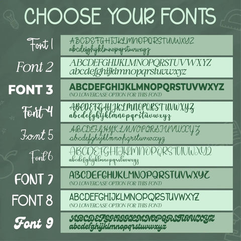 Font options for Customizable Teacher Desk Name Plate In 12 Designs And 9 Fonts, Available In 2 Sizes, Acrylic Office Name Plate Gift