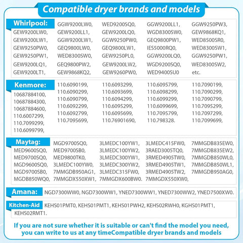 Upgraded 4392067RC Dryer Repair Kit compatibility list for Whirlpool, Kenmore, Maytag dryers.