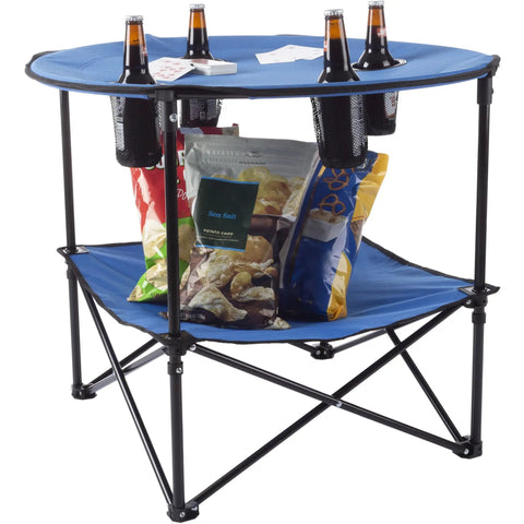 Round Two Tier Folding Camp Table With Four Cupholders And Carrying Bag Perfect For Camping Beach Picnics Tailgating And Outdoor Events Blue Durable Lightweight And Easy To Pack For Any Outdoor Adventure with snacks and bottles displayed