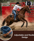 Rider on horseback wearing Two Piece Leather Spur Straps For Cowboy Boots, Adjustable Western Boot Straps For Men And Women.