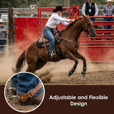 Rider on horseback wearing Two Piece Leather Spur Straps For Cowboy Boots, Adjustable Western Boot Straps For Men And Women.