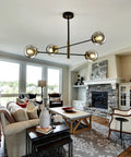 Living room with Vintage Farmhouse 4 Light Metal Chandelier With Dope Black Glass Globes Overhead Ceiling Light Fixture