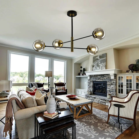 Living room with Vintage Farmhouse 4 Light Metal Chandelier With Dope Black Glass Globes Overhead Ceiling Light Fixture